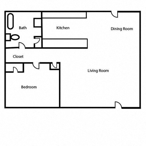 Floor plan for 1 bed, 1 bath, 672 sqft